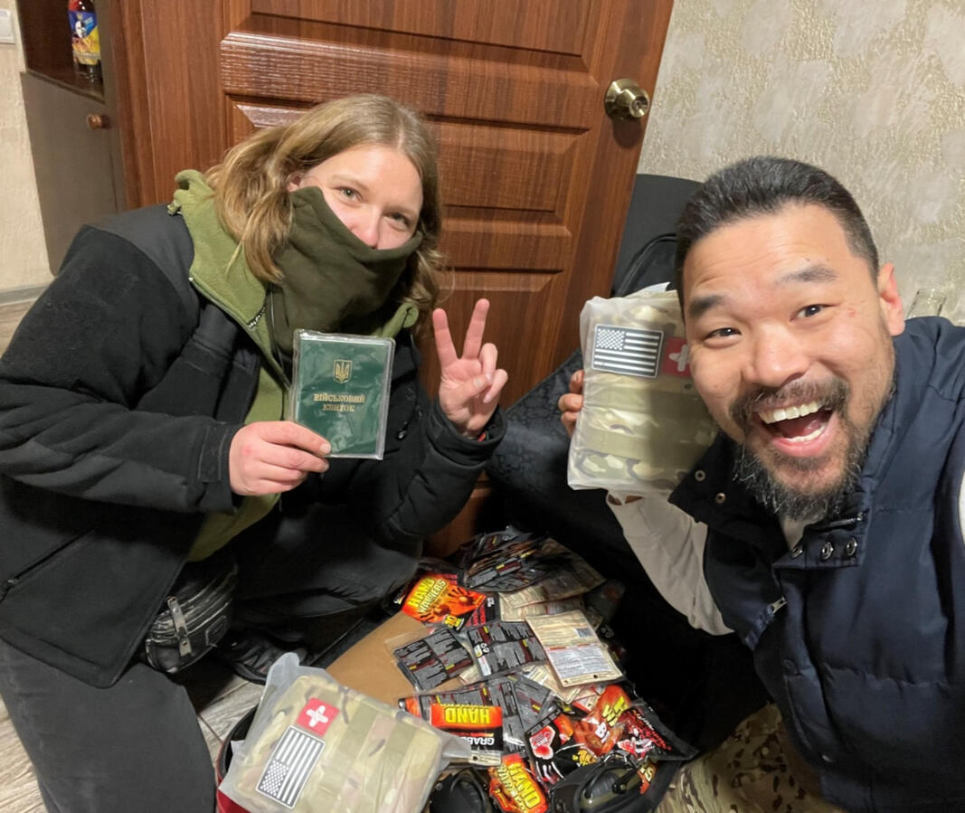 Mark J. Lindquist delivering medical supplies to combat medics in Ukraine
