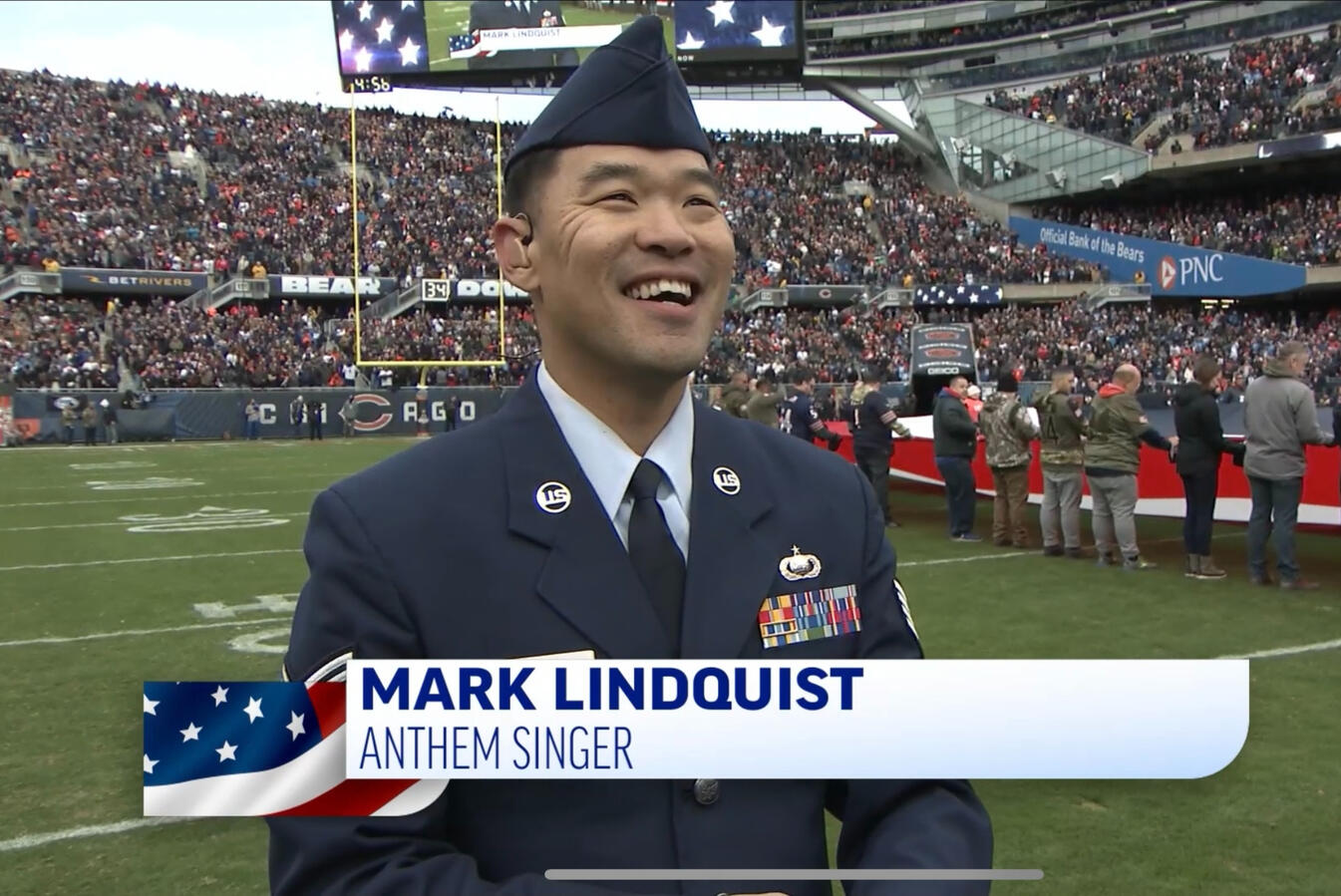 U.S. Air Force Veteran Mark J. Lindquist singing for the Chicago Bears at Soldier Field for Veteran's Day