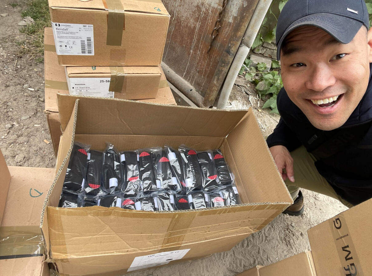 U.S. Air Force Veteran Mark J. Lindquist delivering tourniquets to the Ukrainian Army