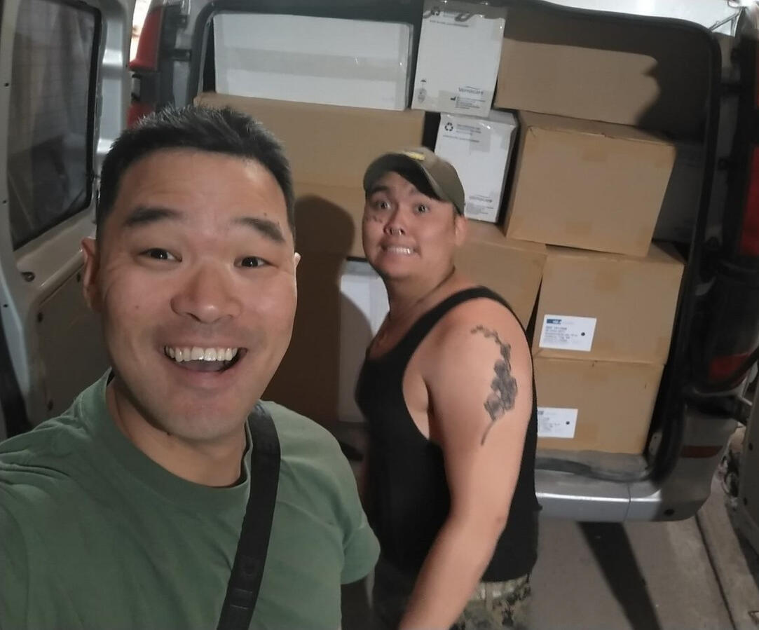 U.S. Air Force Veteran Mark J. Lindquist with a van full of aid for the Ukranian Army U.S. Air Force Veteran Mark J. Lindquist with a van full of aid for the Ukranian Army